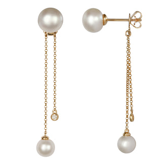 Dangling Pearl Diamond Bezel Earrings.