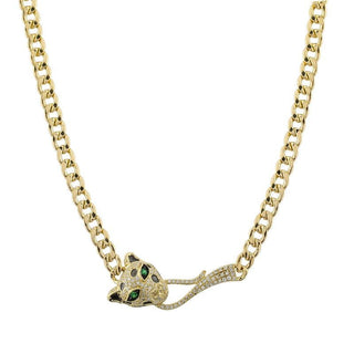 Gold Panther Cuban Link Chain Diamond Necklace.