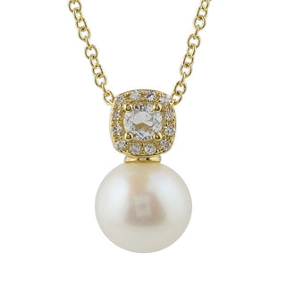 Cushion Gemstone Halo Pearl Drop Necklace.